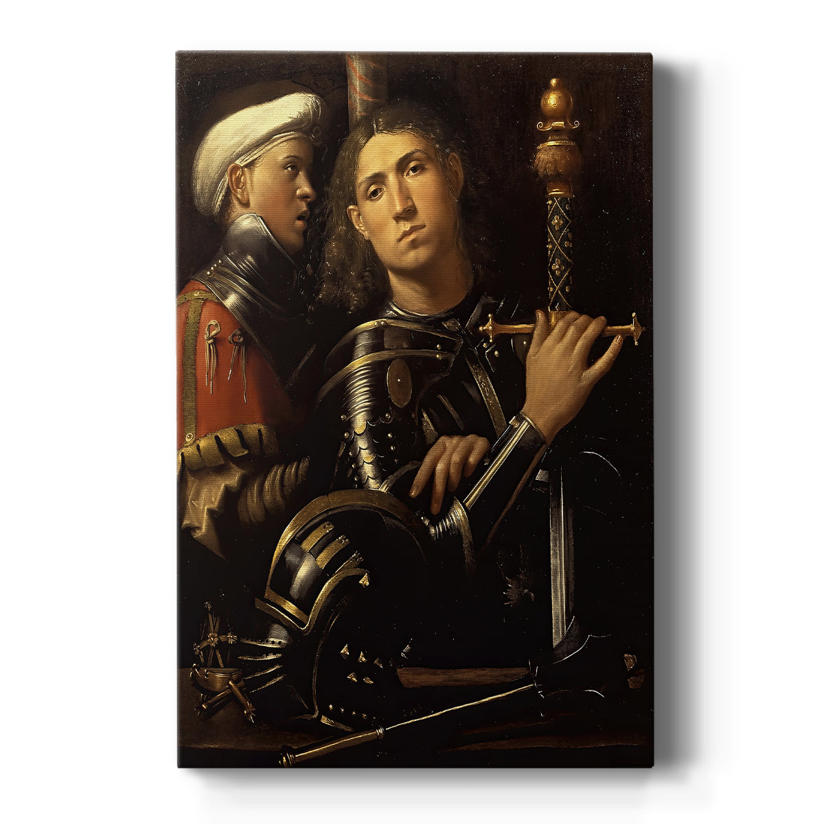 Canvas art print featuring a Renaissance portrait of a warrior with an attendant in a dark setting on a clean white background.