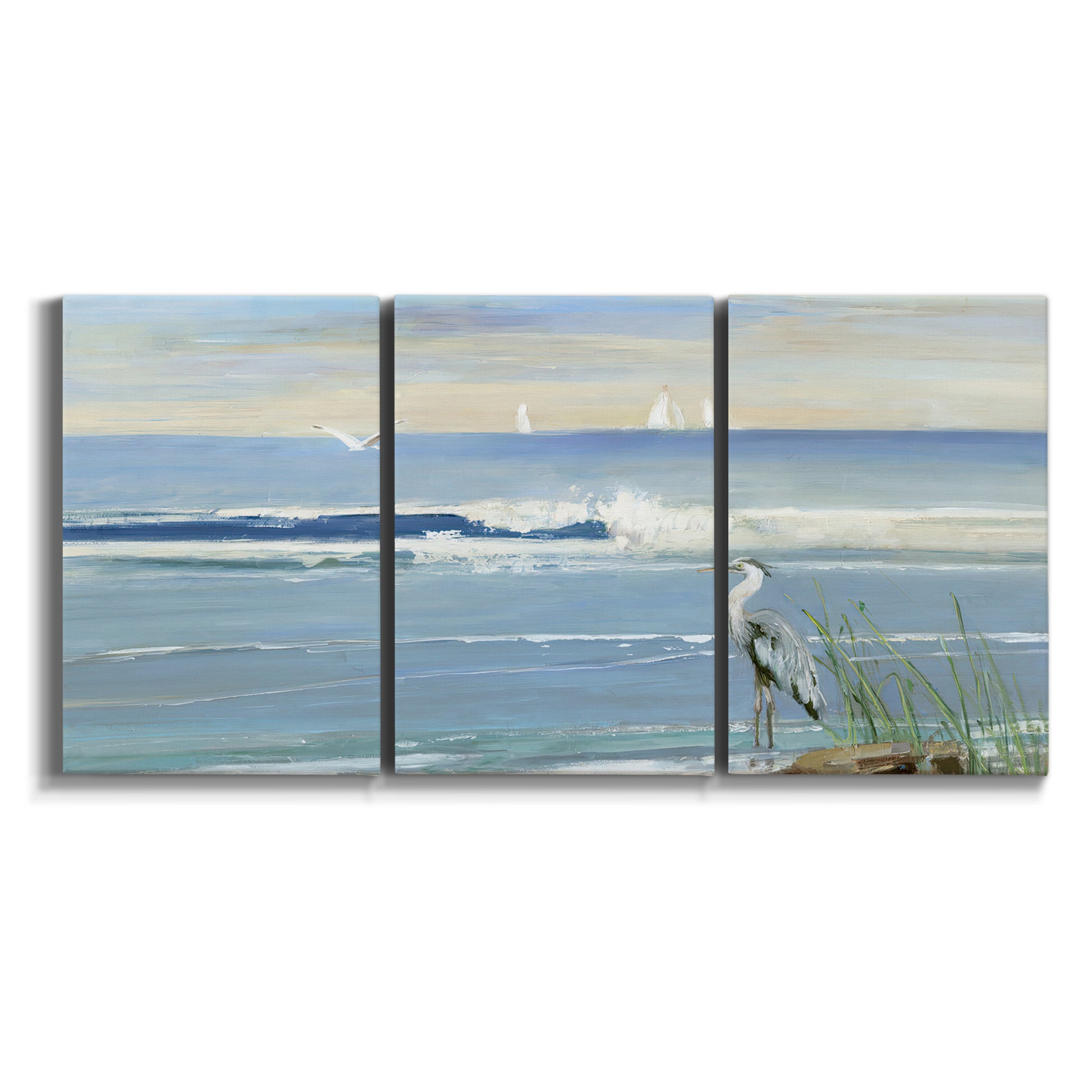 Three-panel canvas wall art featuring sunrise reflecting across bay waters on white background.