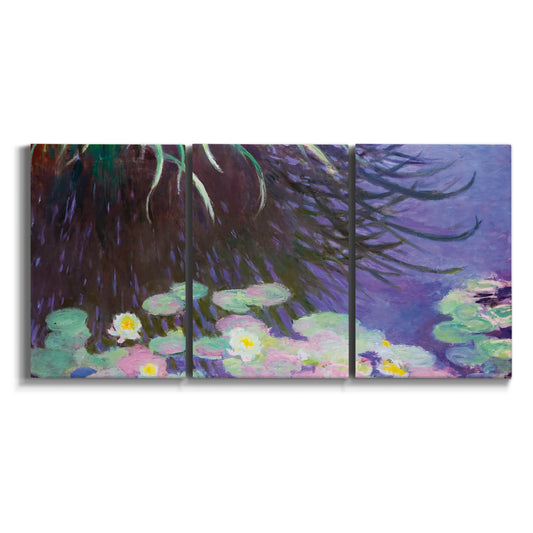 Three-panel canvas wall art featuring water lilies beneath drooping willow on white background.