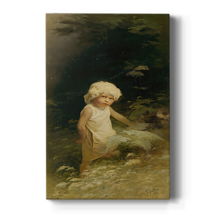 Canvas art print featuring a symbolic portrait of a figure in a natural landscape with soft light on a clean white background.