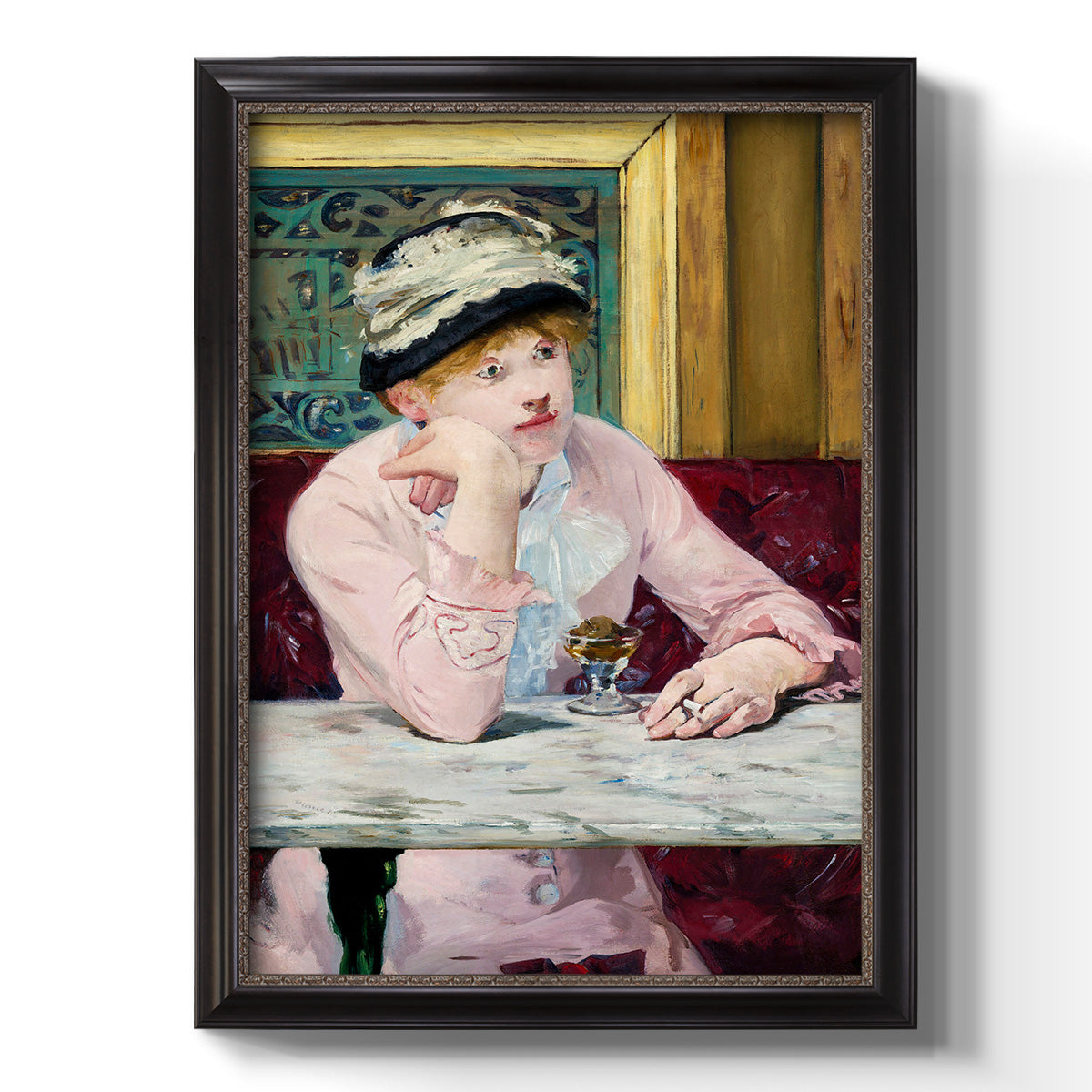 Impressionist portrait scene with plum brandy by Édouard Manet printed on canvas in an ornate bronzed mahogany wood frame with a vertical orientation.