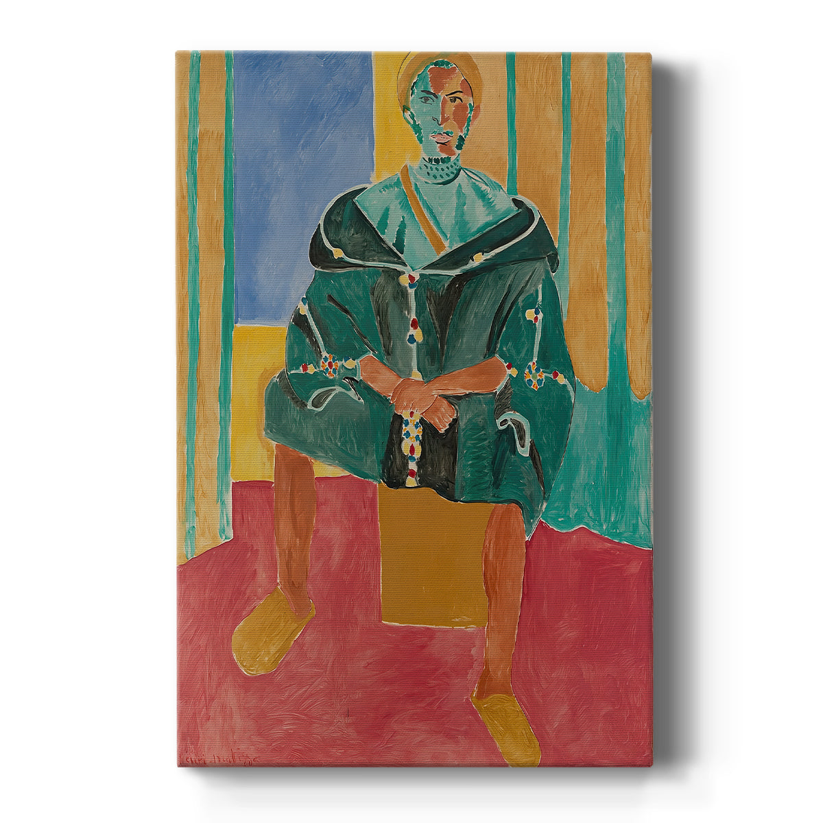 Canvas art print featuring a fauvist portrait of a seated man in patterned clothing with vivid color on a clean white background.