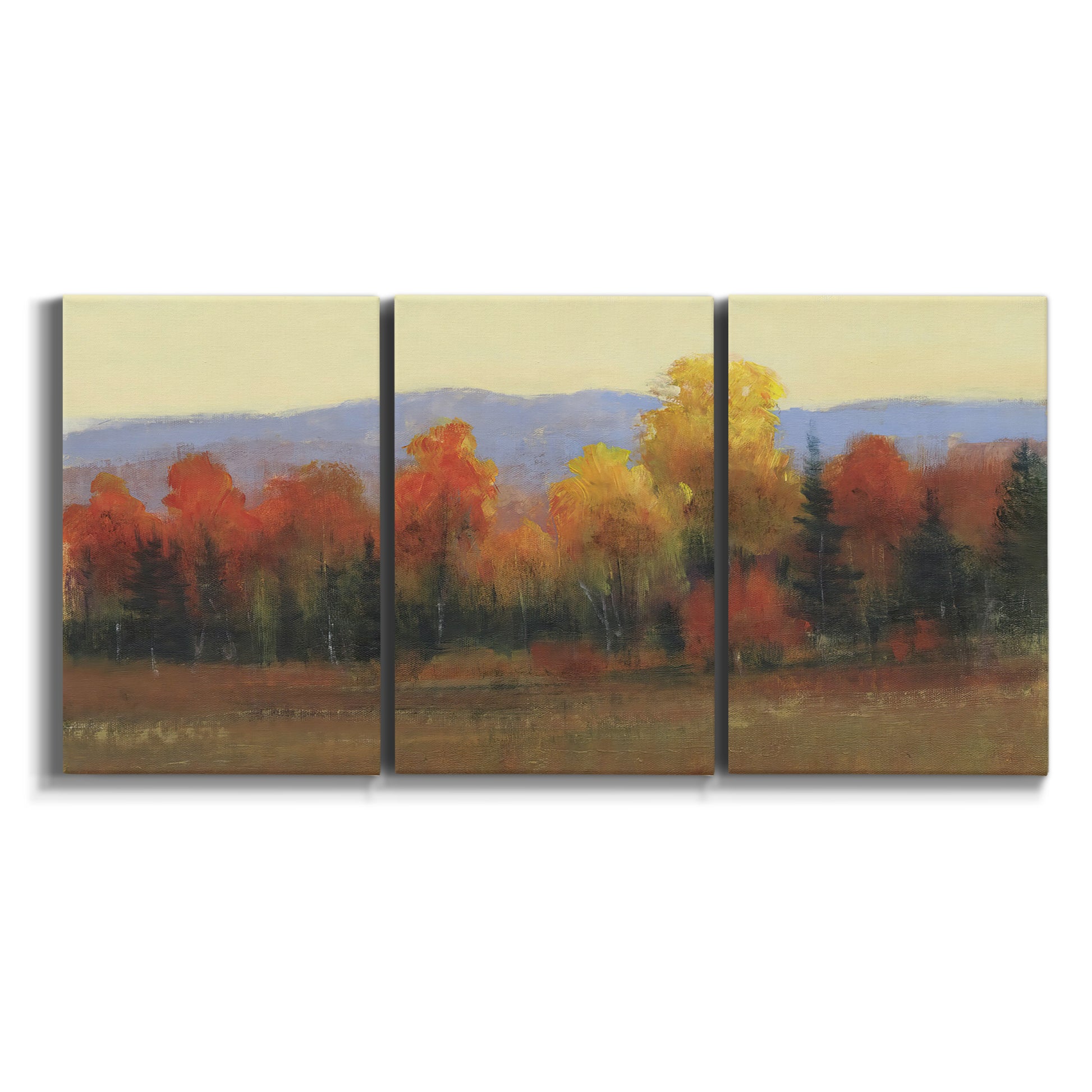 Three-panel canvas wall art featuring autumn landscape changing foliage on white background.