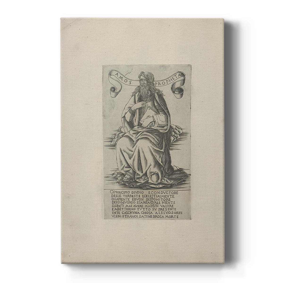 Canvas art print featuring a monochrome engraving of a seated prophet with intricate line detail on a clean white background.