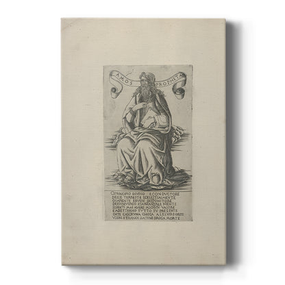 Canvas art print featuring a monochrome engraving of a seated prophet with intricate line detail on a clean white background.