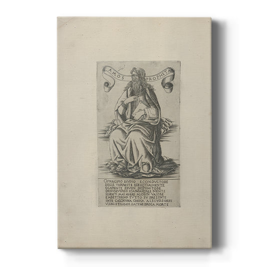 Canvas art print featuring a monochrome engraving of a seated prophet with intricate line detail on a clean white background.