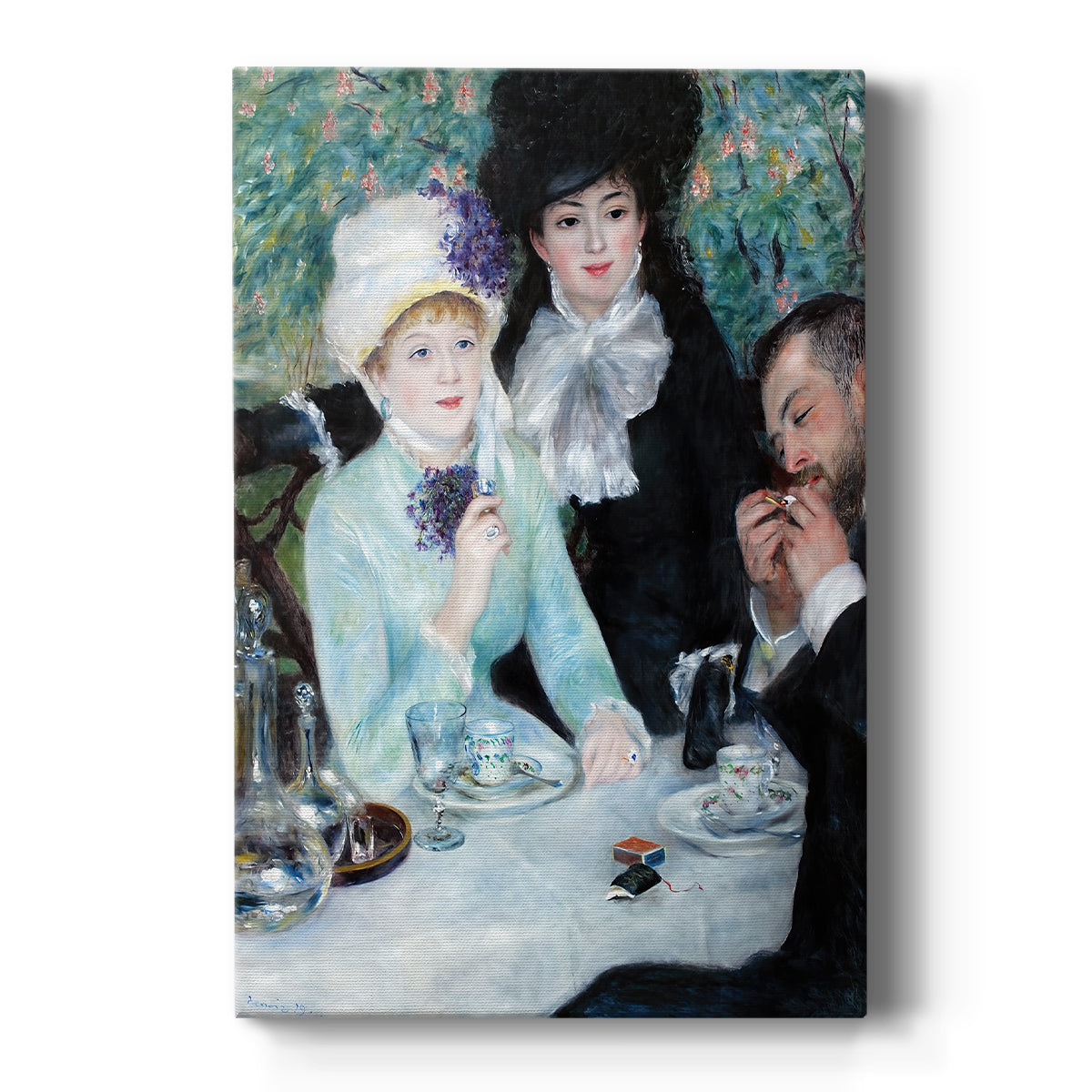 Canvas art print featuring an impressionist scene of figures gathered after a meal in soft light on a clean white background.
