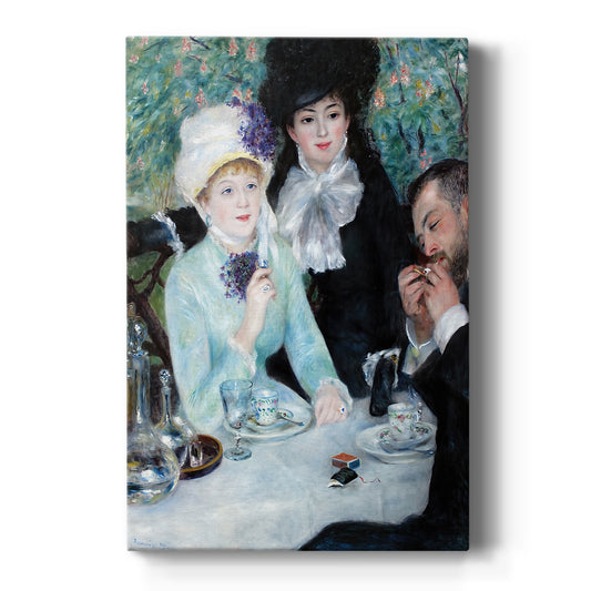 Canvas art print featuring an impressionist scene of figures gathered after a meal in soft light on a clean white background.