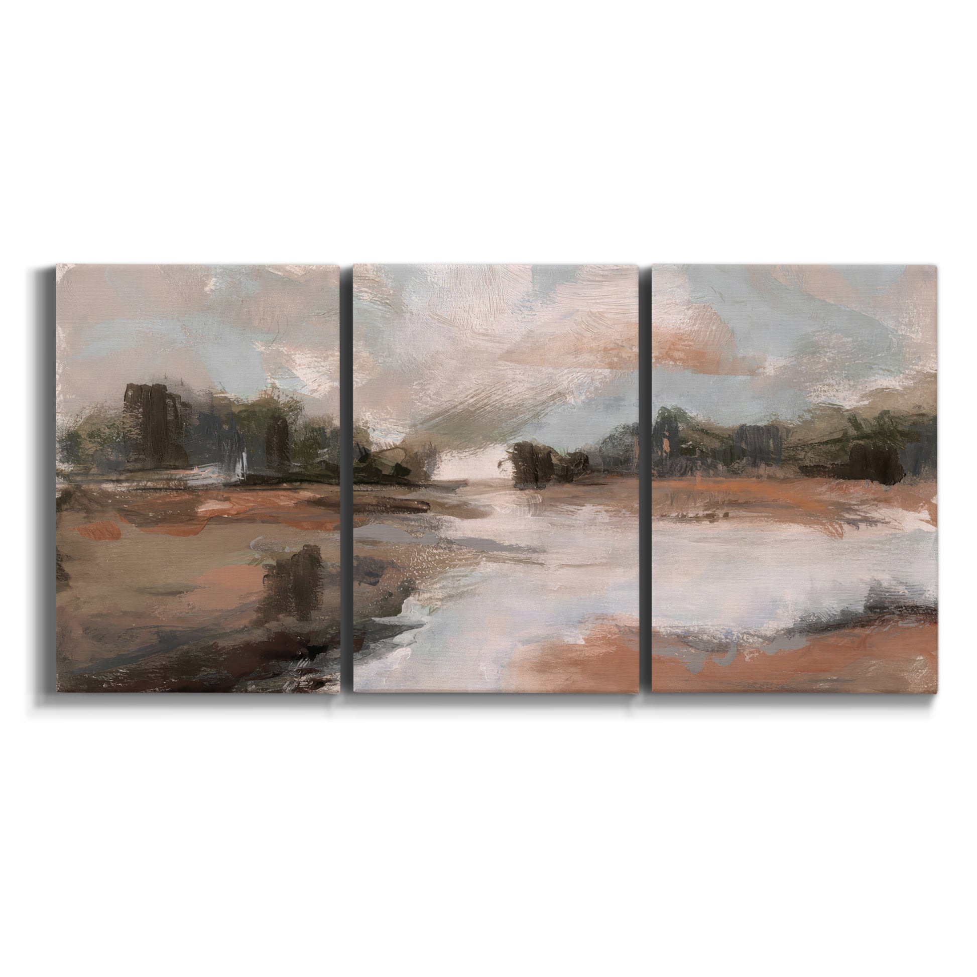 Three-panel canvas wall art featuring quiet pond with soft reflections on white background.