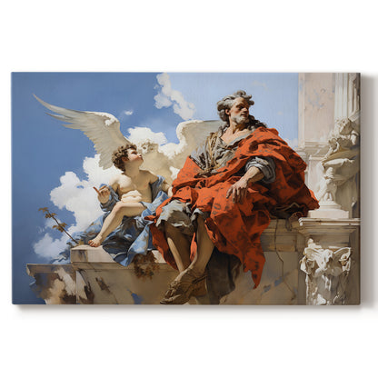 divine,celestial,ancient,sage,winged,figure,youth,contemplation,architecture,robes,sky,clouds,encounter,wisdom,mythological,peaceful,expression,nature,serenity,legendary,character,culture,beauty,creativity,harmony,inspiration,classic,painting,outdoor,sitting,scenic,detail,vibrant,atmosphere,majestic,art,canvas,emotion,light,color,perspective,storytelling