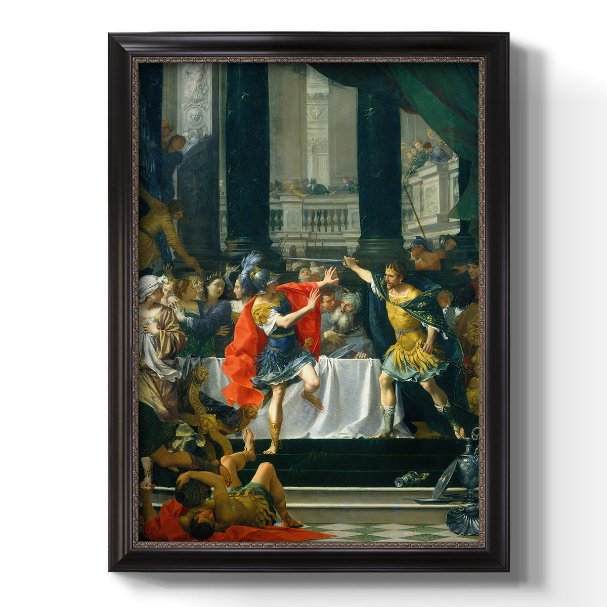 Classical historical painting of Alexander the Great by Donato Creti printed on canvas in an ornate bronzed mahogany wood frame with a vertical orientation.