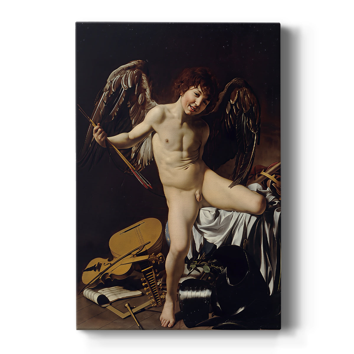Canvas art print featuring a Baroque depiction of Cupid standing among symbolic objects in dramatic light on a clean white background.