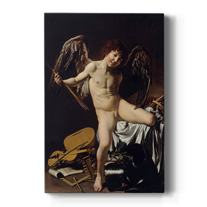 Canvas art print featuring a Baroque depiction of Cupid standing among symbolic objects in dramatic light on a clean white background.