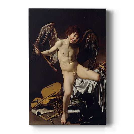 Canvas art print featuring a Baroque depiction of Cupid standing among symbolic objects in dramatic light on a clean white background.