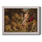 Dramatic biblical painting of Daniel with lions by Peter Paul Rubens printed on canvas in an ornate weathered white frame.