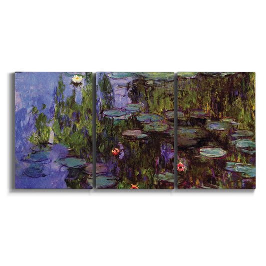 Three-panel canvas wall art featuring water lilies on calm pond on white background.