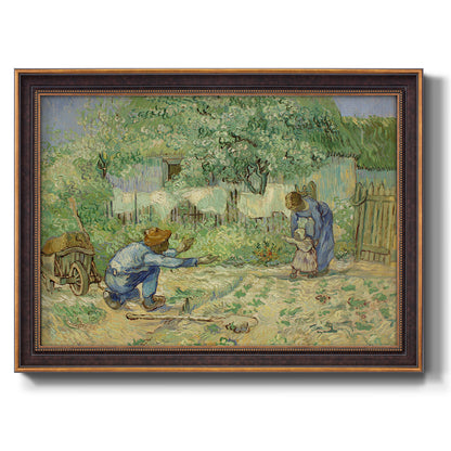 Impressionist family scene in a garden by Vincent van Gogh printed on canvas in an ornate bronzed mahogany wood frame.