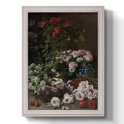Early impressionist floral painting by Claude Monet printed on canvas in an ornate weathered white frame with a vertical orientation.