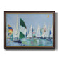 Coastal harbor watercolor painting printed on canvas in an ornate mahogany wood frame with gold liner.