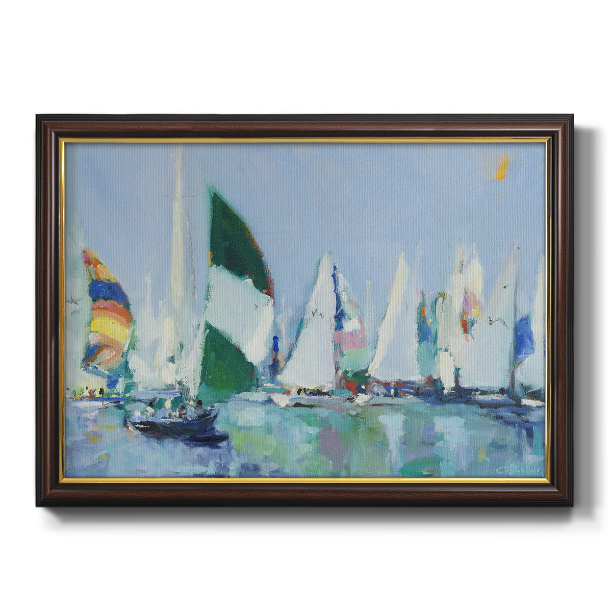 Coastal harbor watercolor painting printed on canvas in an ornate mahogany wood frame with gold liner.