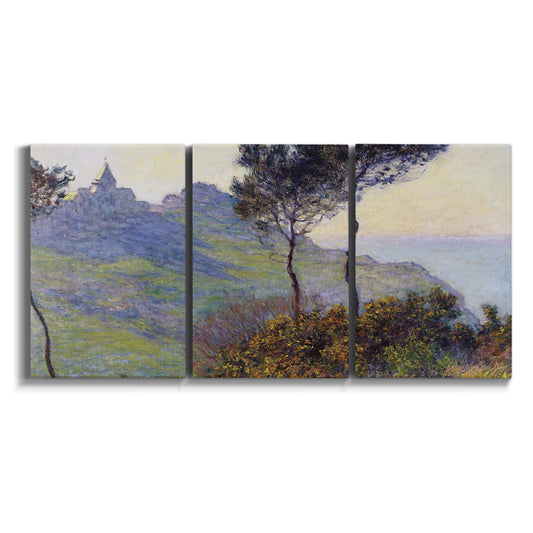 Three-panel canvas wall art featuring village church at sunset on white background.
