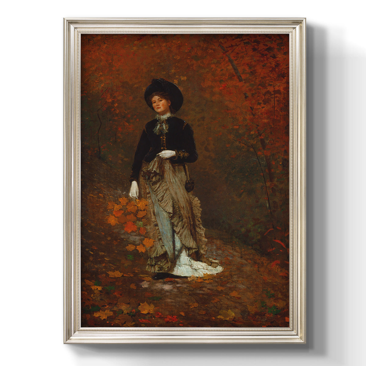 Realist autumn portrait scene by Winslow Homer printed on canvas in an ornate black frame with gilded inner detail with a vertical orientation.