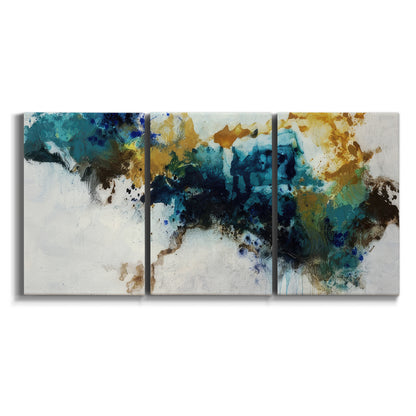 Three-panel canvas wall art featuring teal abstract paint splatter on white background.