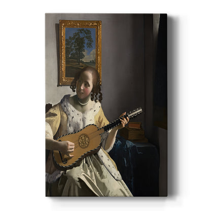 Canvas art print featuring a Baroque portrait of a woman playing a guitar in a softly lit interior on a clean white background.