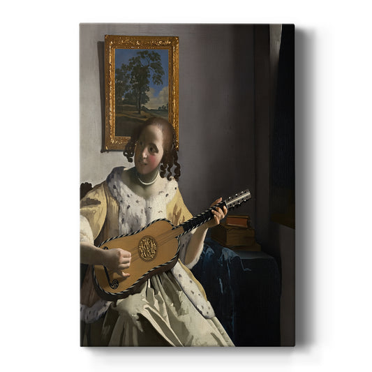 Canvas art print featuring a Baroque portrait of a woman playing a guitar in a softly lit interior on a clean white background.