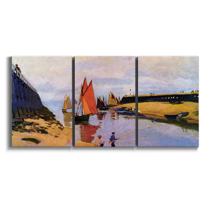 Three-panel canvas wall art featuring stone breakwater at low tide on white background.