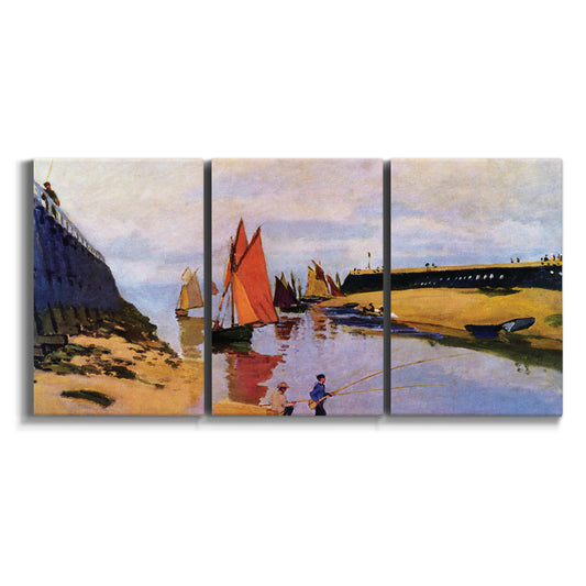 Three-panel canvas wall art featuring stone breakwater at low tide on white background.