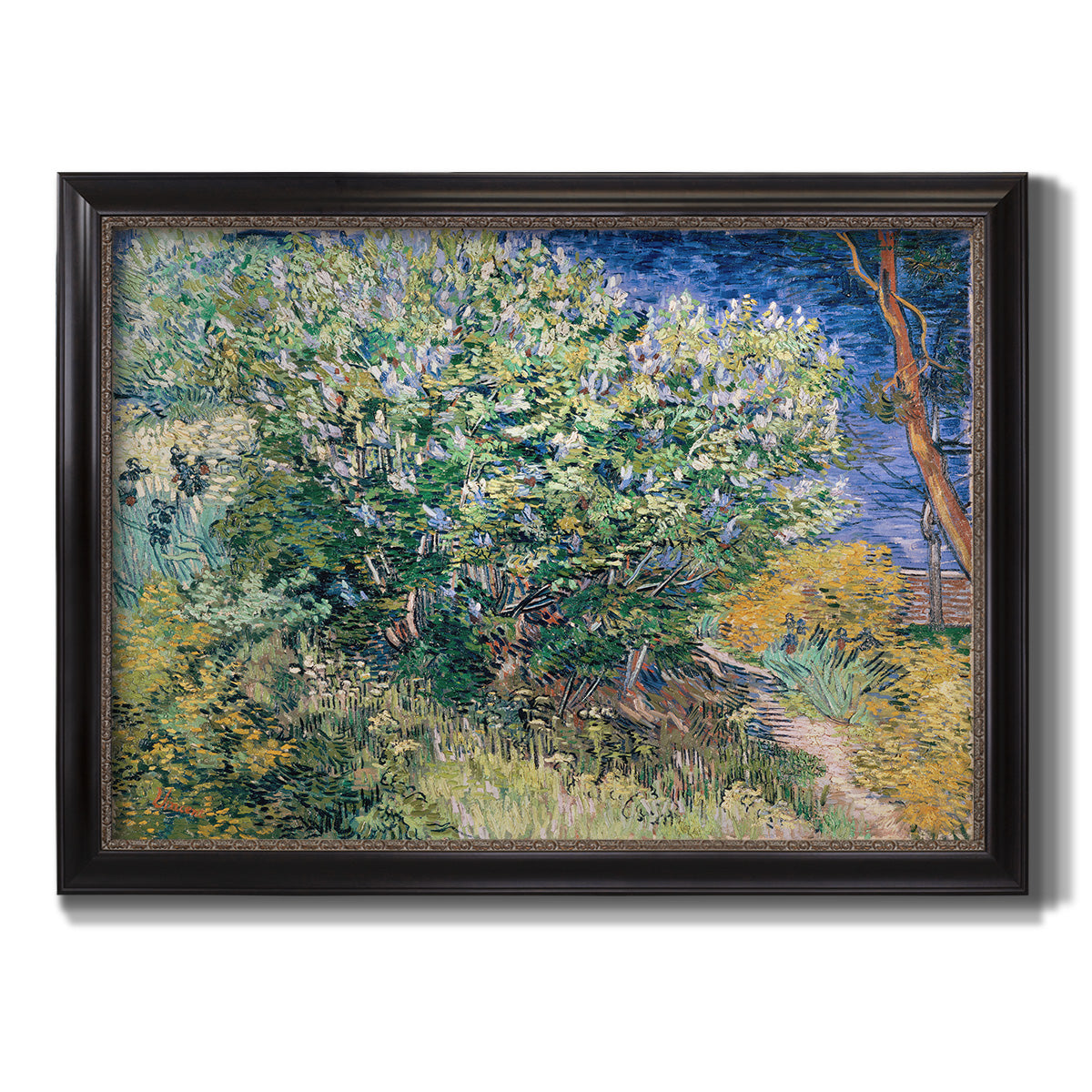 Impressionist lilac flower painting by Vincent van Gogh printed on canvas in an ornate black frame with gilded inner detail.
