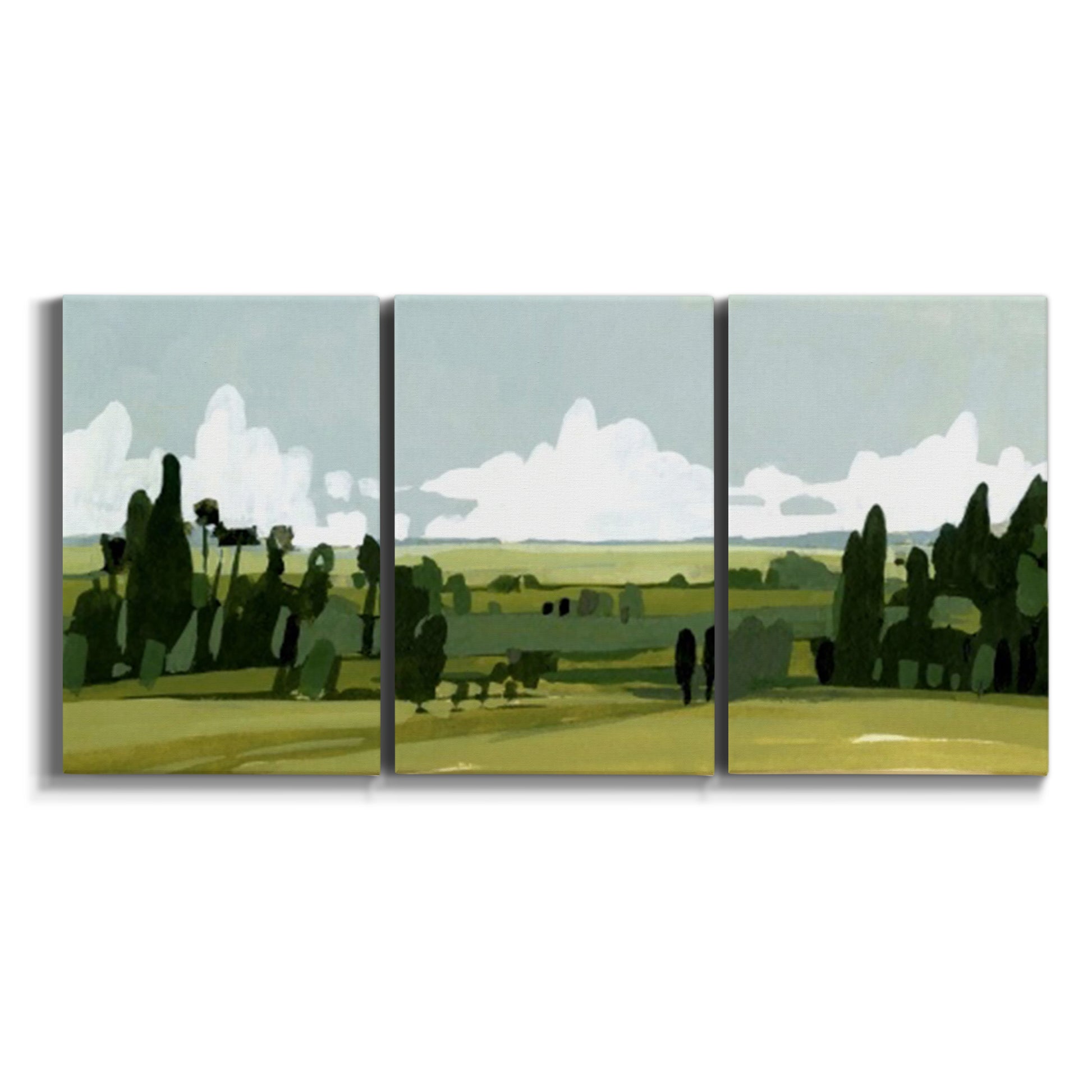 Three-panel canvas wall art featuring lush green summer countryside on white background.