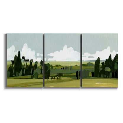 Three-panel canvas wall art featuring lush green summer countryside on white background.