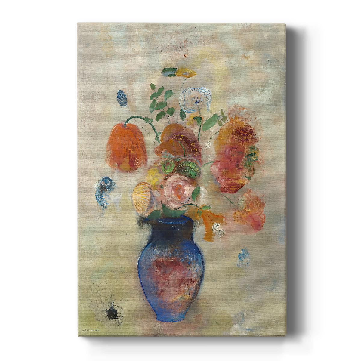 Canvas art print featuring a symbolic still life of flowers in a large vase with soft color transitions on a clean white background.