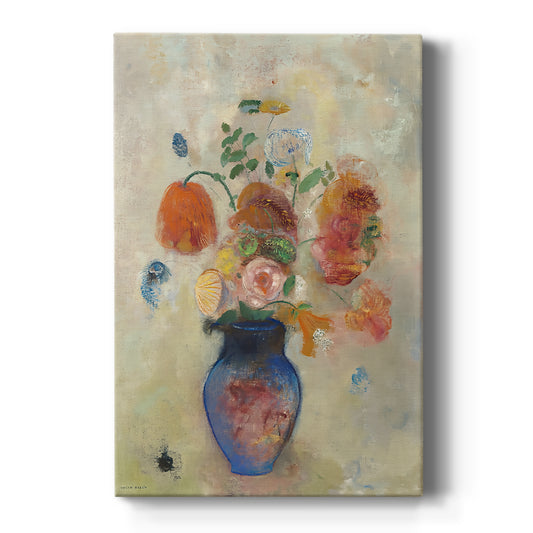 Canvas art print featuring a symbolic still life of flowers in a large vase with soft color transitions on a clean white background.