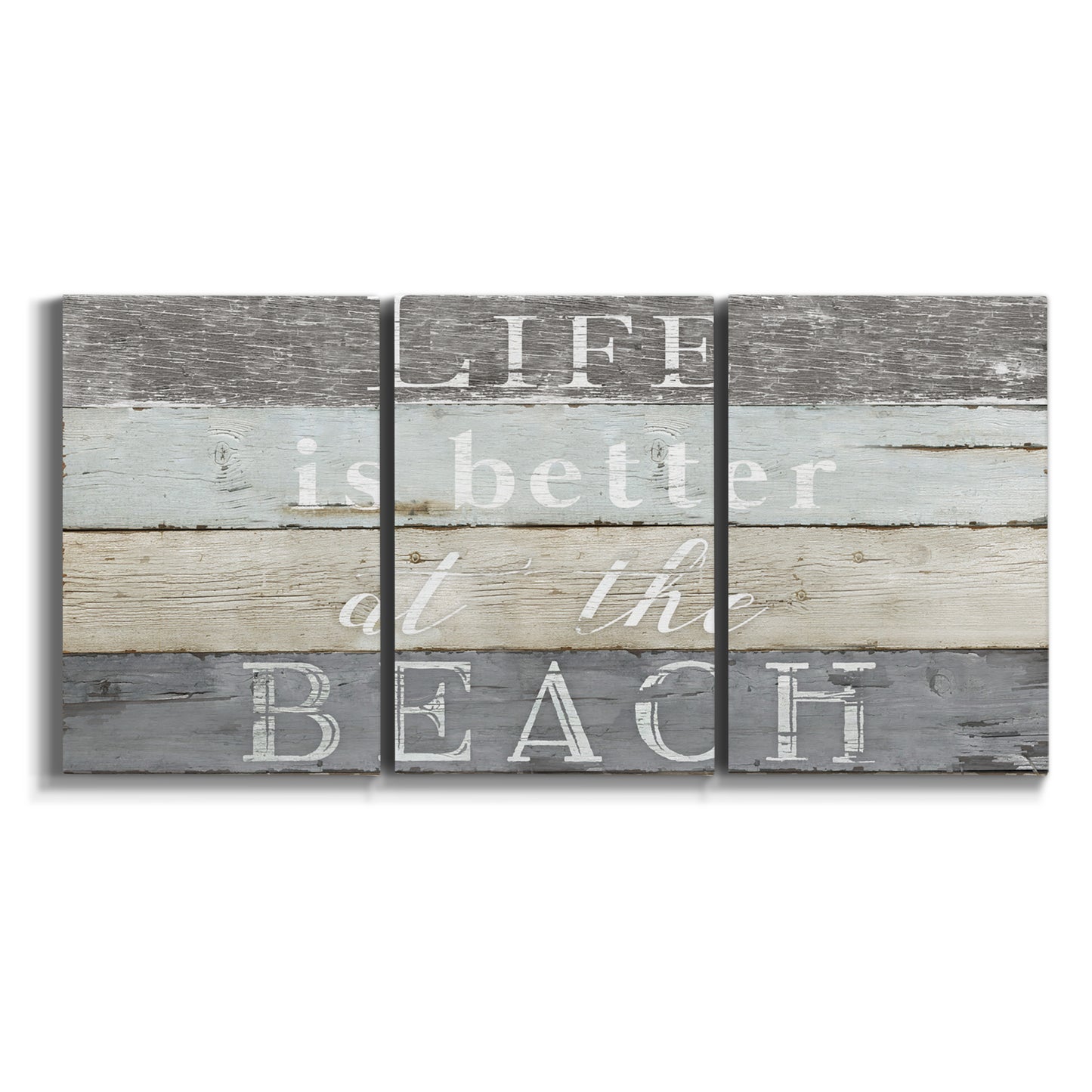 Three-panel canvas wall art featuring beach themed typography design on white background.
