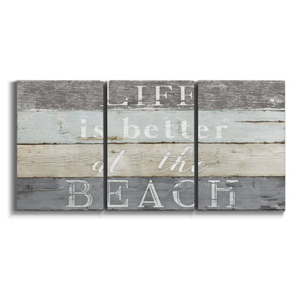 Three-panel canvas wall art featuring beach themed typography design on white background.