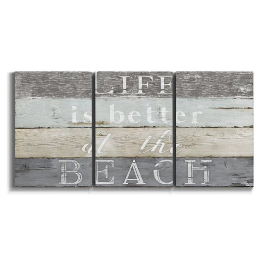 Three-panel canvas wall art featuring beach themed typography design on white background.