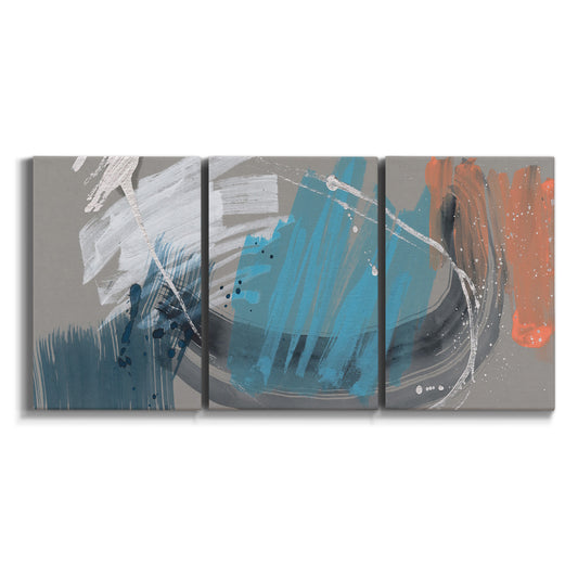 Three-panel canvas wall art featuring playful abstract mark making on white background.