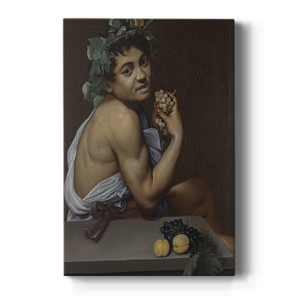 Canvas art print featuring a Baroque portrait of a young man with fruit and dramatic lighting on a clean white background.
