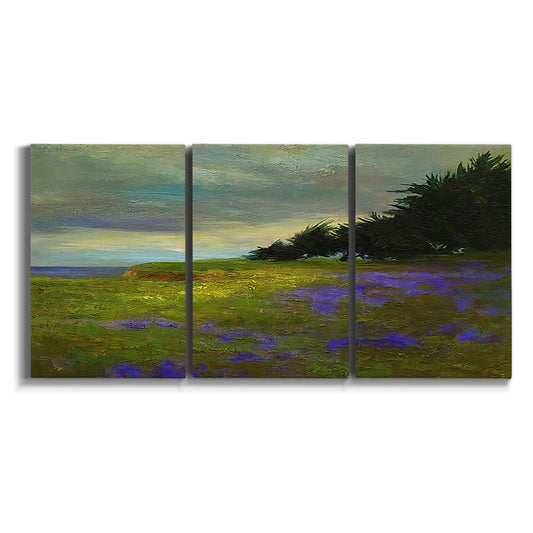 Three-panel canvas wall art featuring coastal shoreline with distant land on white background.