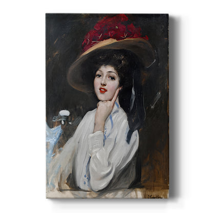 Canvas art print featuring an impressionist portrait of a woman wearing a hat with soft natural light on a clean white background.