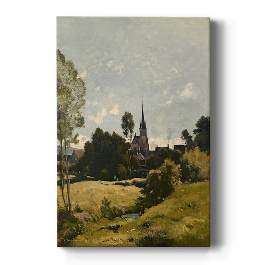 Canvas art print featuring a realistic landscape of a village church surrounded by trees and open land on a clean white background.