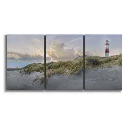 Three-panel canvas wall art featuring guardian boat along shoreline on white background.