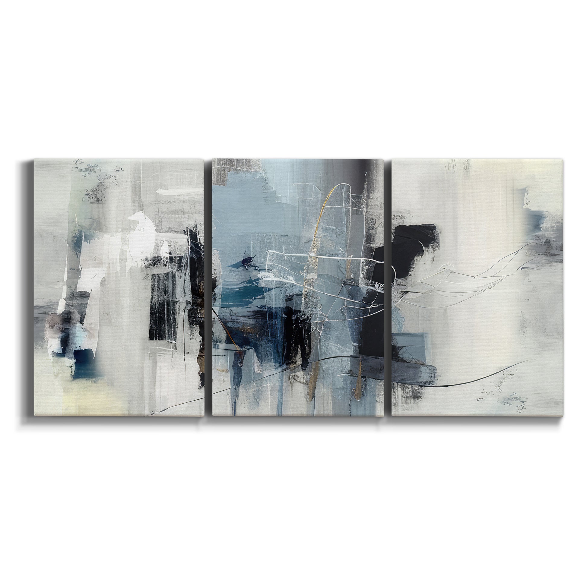 Three-panel canvas wall art featuring cool abstract winter color wash on white background.