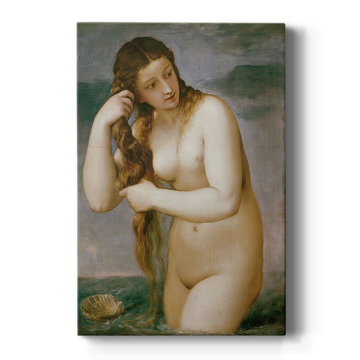 Canvas art print featuring a Renaissance scene of a nude figure emerging from water with soft light on a clean white background.