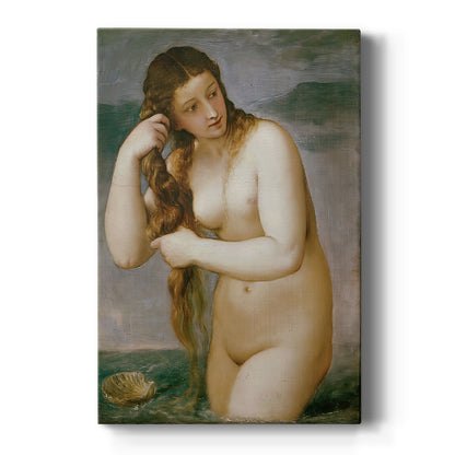 Canvas art print featuring a Renaissance scene of a nude figure emerging from water with soft light on a clean white background.