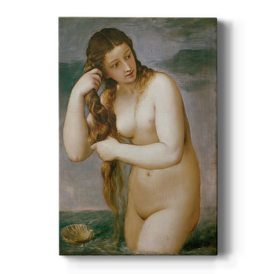 Canvas art print featuring a Renaissance scene of a nude figure emerging from water with soft light on a clean white background.