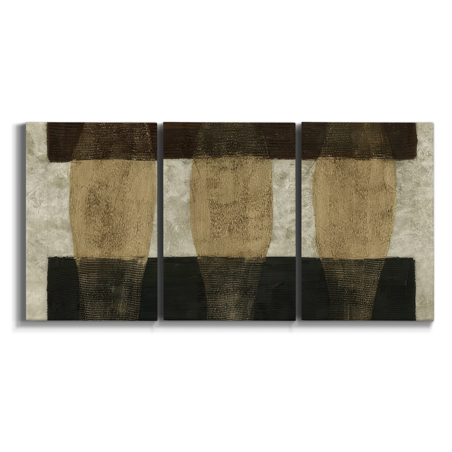 Three-panel canvas wall art featuring textured abstract vessel forms on white background.